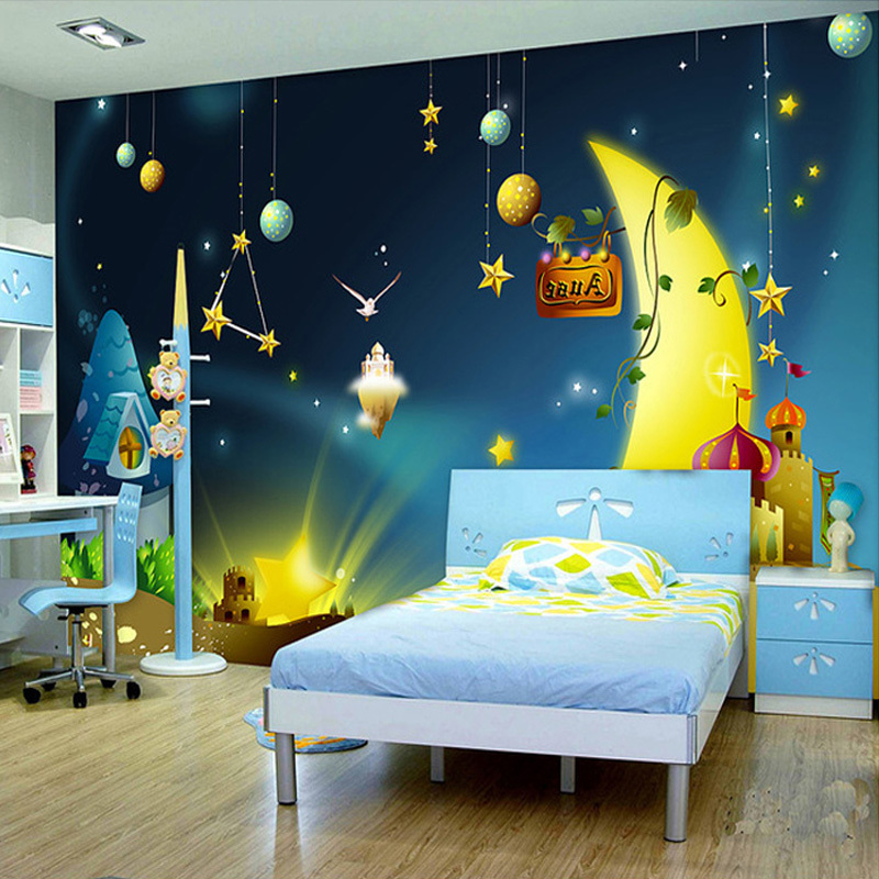 Custom Eco-friendly Non-woven Wallpaper Boys And Girls Bedroom Background Wall Mural Universe Star Cartoon Theme Wallpaper Roll