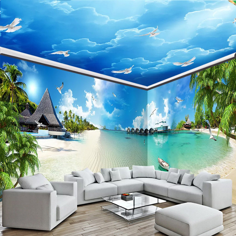 Customized Blue Sky Sea Wallpaper Mural, Beach Fairy Tale Forest Whole House Background Wall Bedroom Mural Wallpaper