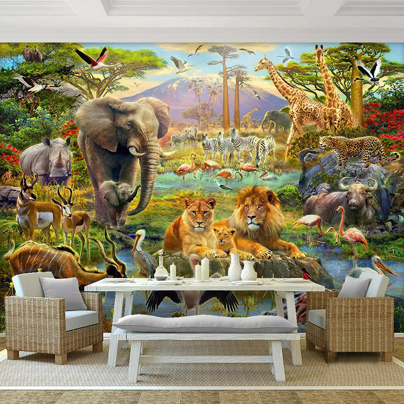 Custom 3D Photo Wallpaper Murals Cartoon Forest Animal World Children Kids Bedroom Living Room Elephant Lion Mural Wallpaper 3D