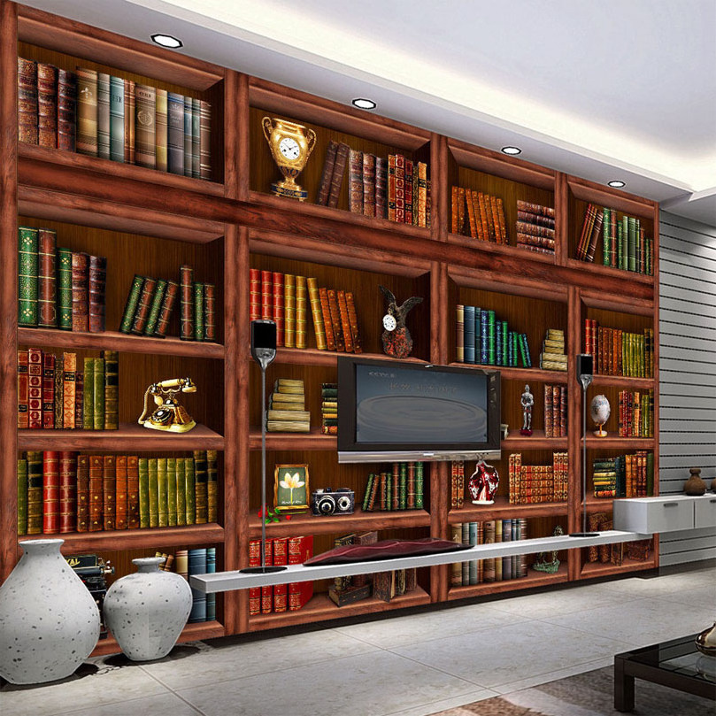 Custom Any Size 3D Wall Mural Wallpaper Living Room Study Bookshelf Bookcase 3D Backdrop Mural Wall Covering Papel De Parede 3D