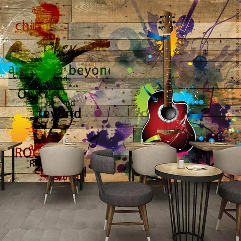 Wallpaper 3d Restaurant Music 3D Photo Mural Rock Guita Mural Vinyl Peel And Stick Wallpaper Woven Wallpaper