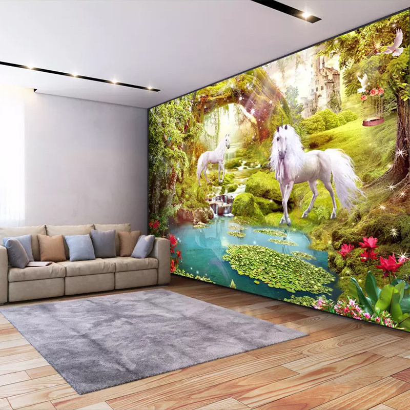 Custom 3D Wall Mural Wallpaper Home Decor Forest White Horse Nature Landscape 3D Photo Wall Paper For Living Room Bedroom Murals