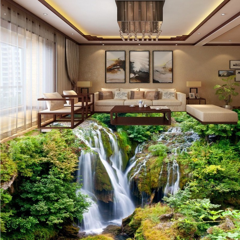 Aesthetic Green Tree Stream Falls Flooring Painting Hotel 3d Epoxy Floor Wallpaper