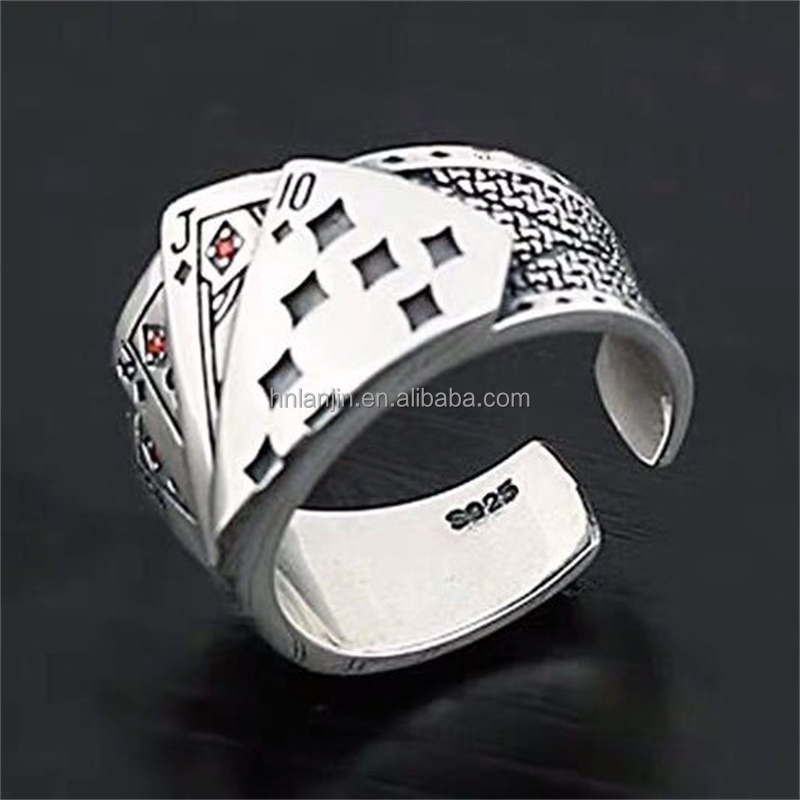 Black Playing Card Spade Open Ring Gothic Hip Hop Jewelry Gift Adjustable Punk Rings for Men