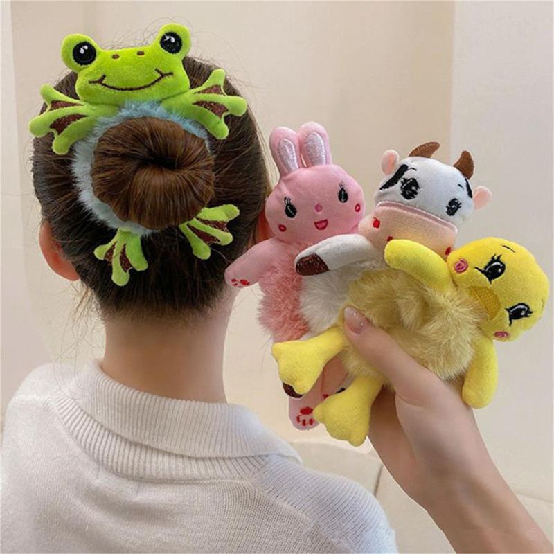 Funny Cartoon Plush Animal Hair Accessories Winter Panda Frog Rabbit Cow Elastic Furry Scrunchies