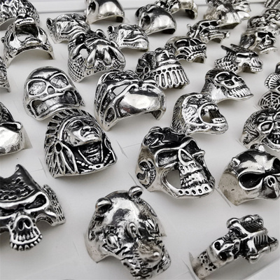 Mix Size Silver Color Alloy Ghost Ring Hip Hop Jewelry Punk Party Skull Rings for Men