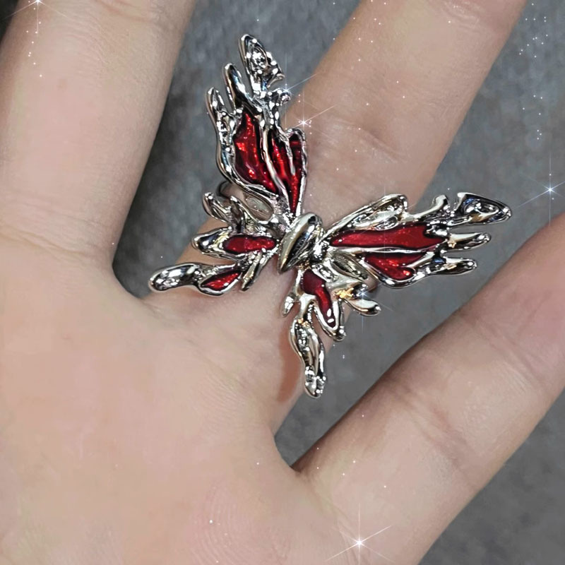 Irregular Red Crystal Glass Heart Rings For Women Fashion Jewelry Accessories Y2K Gothic Spider Cross Ring