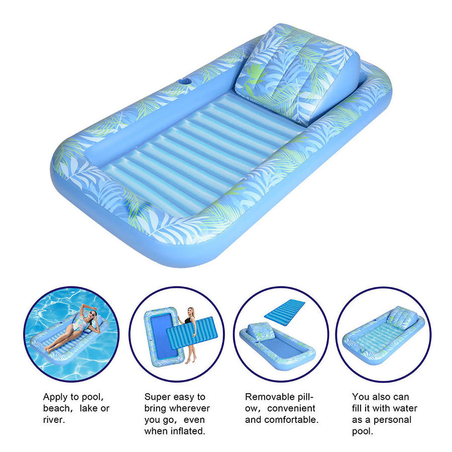 Inflatable Tanning Pool Lounger Float Floating Raft Tanning Bed with Inflatable Pillow for Family Outdoor Garden