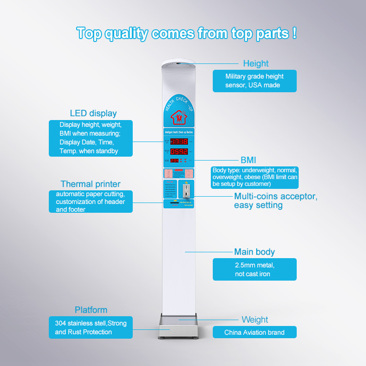 HW-900 Coin Operated Ultrasonic Adult Medical BMI Machine weight machine with height scale