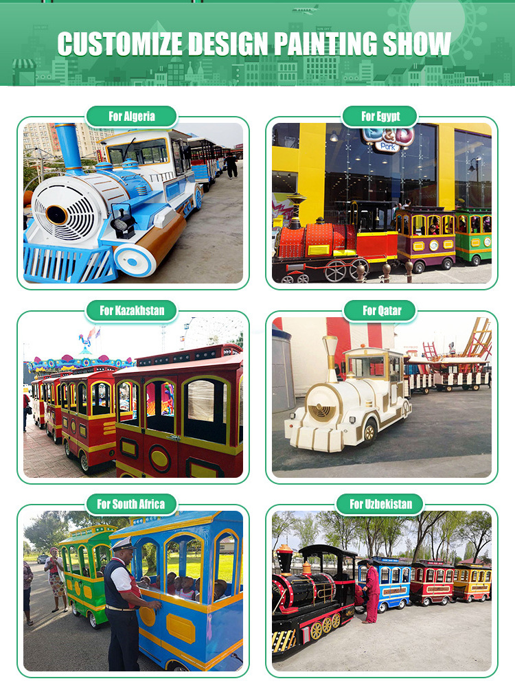 Amusement park product adults kiddie electric diesel tourist road big trackless train ride electric train for sale