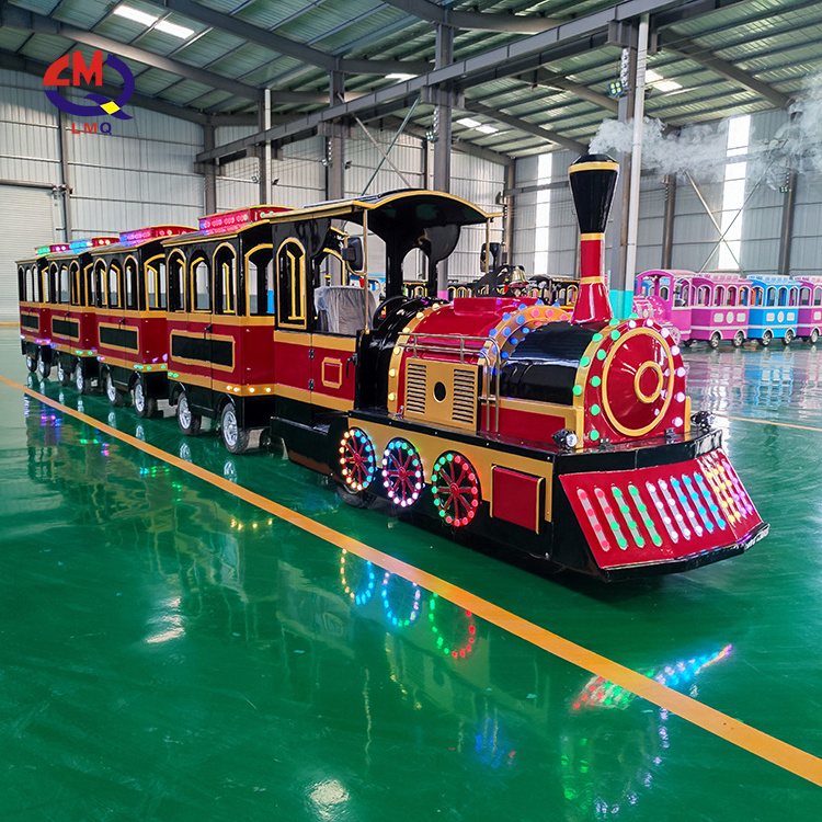 Amusement park product adults kiddie electric diesel tourist road big trackless train ride electric train for sale