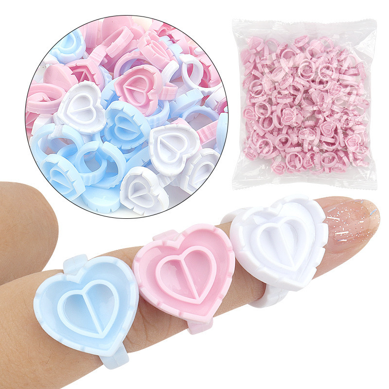 100Pcs Heart Round Cup Eyelash Extension Glue Ring Holder Grafting Eye Lash Fans Flowering Cup Eyelash