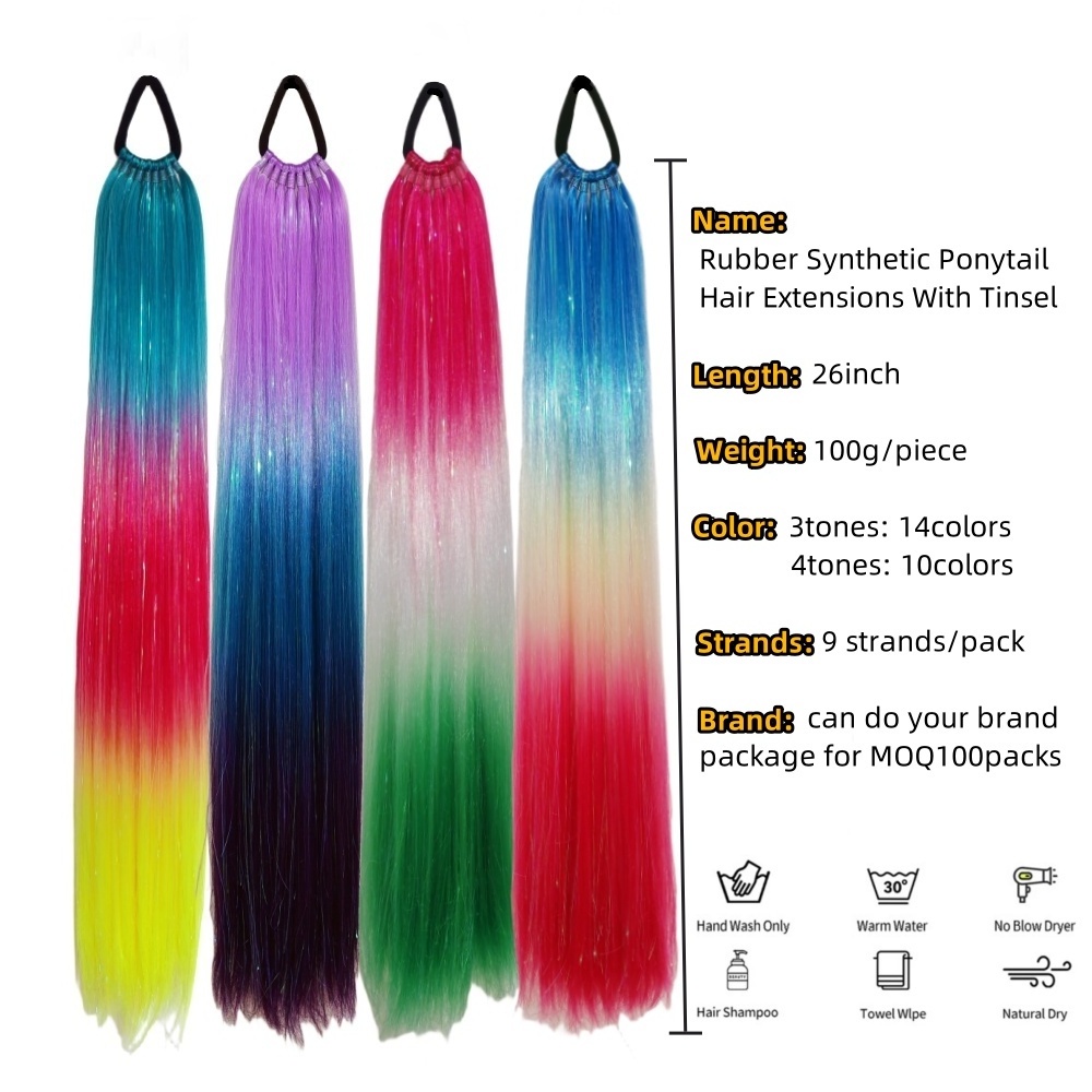 Colorful Pre Stretched Braiding Glitter Tinsel Mixed Ponytail With Elastic Tie Hair Tinsel Ponytail For Women