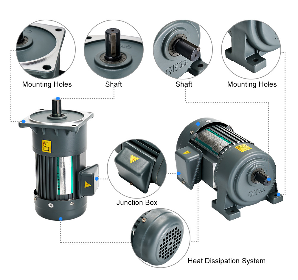 Horizontal AC induction motor with gear box 3-200ratio 1/8HP 1/4 HP 1/2HP 1HP 2HP 3HP 5HP 3-Phase 1-Phase for lathe