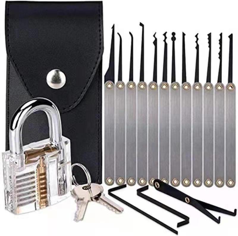 Cheap good quality 5 pcs + 15 pcs tools open padlock practice lock pick sets with transparent padlock