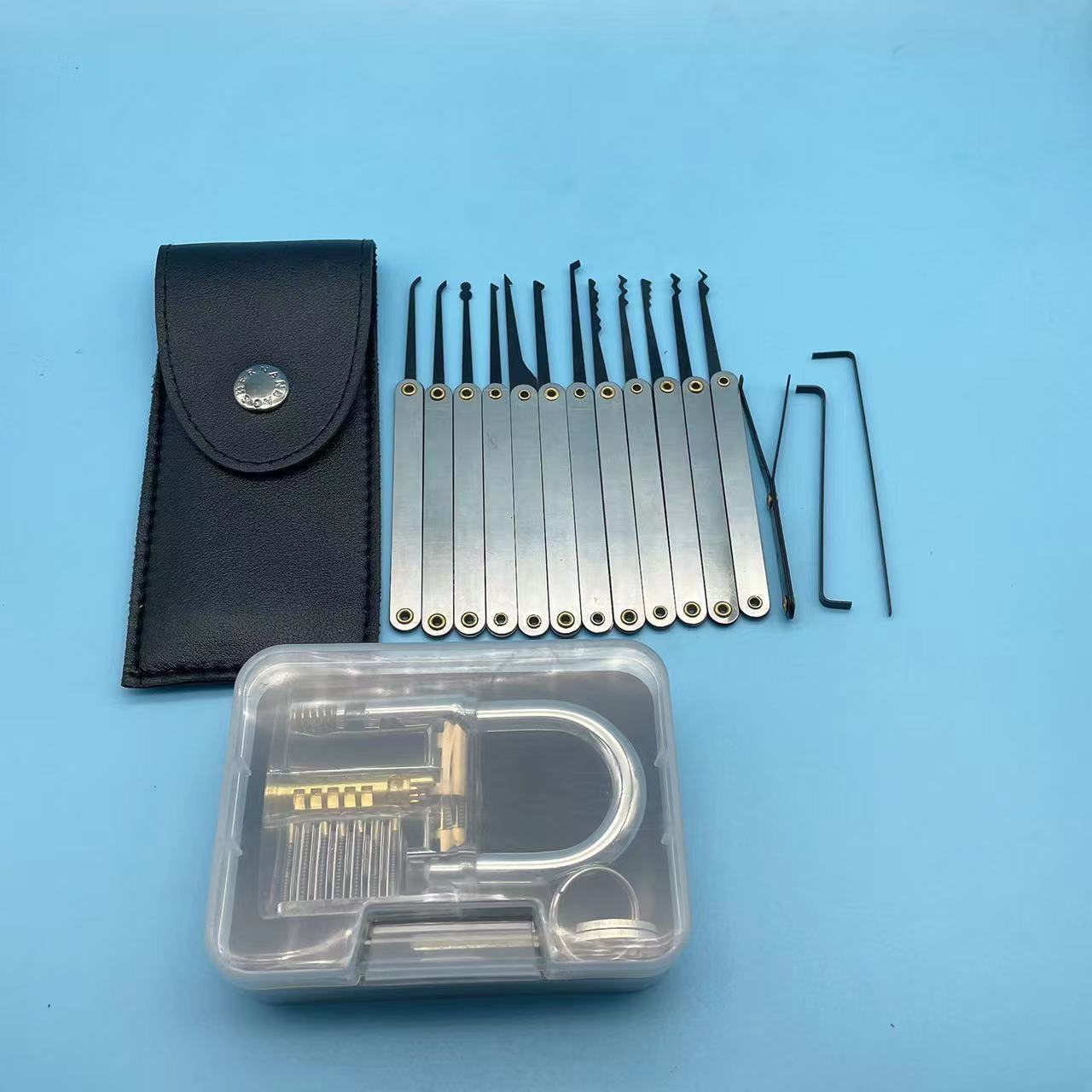 Quick unlock tools 15 pcs lock pick sets good quality cheap transparent padlock with clear box