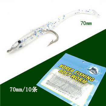 Wholesale  sea fishing 70mm 1g T tail Soft Fishing Eel Lure with hooks 10pcs/bag