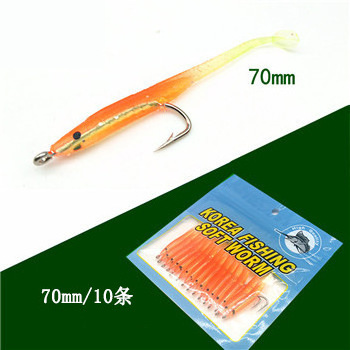 Wholesale  sea fishing 70mm 1g T tail Soft Fishing Eel Lure with hooks 10pcs/bag