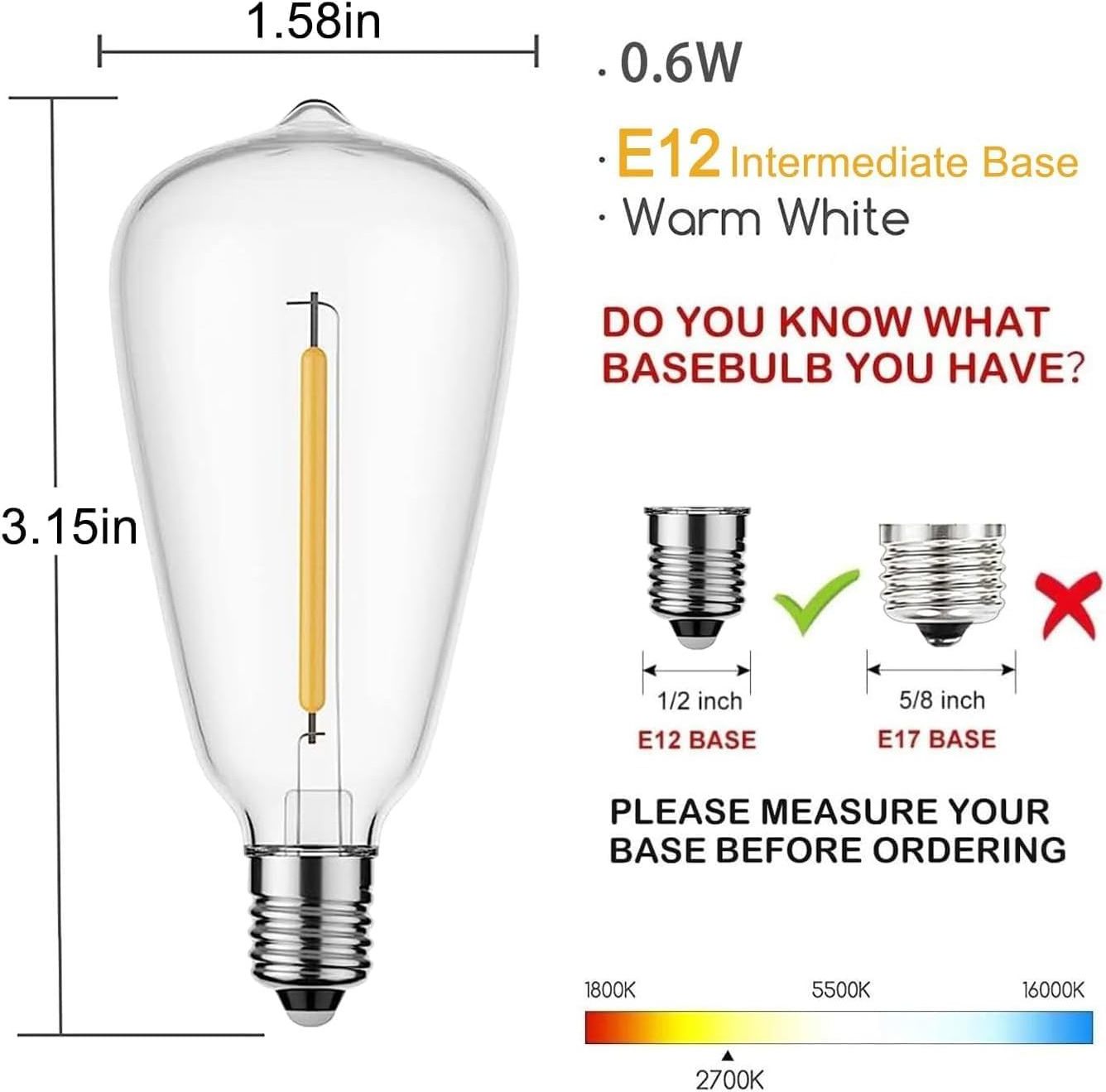 Edison LED Light Bulbs ST38 0.6 watt E12 Screw Base Replacement Bulbs for string lights