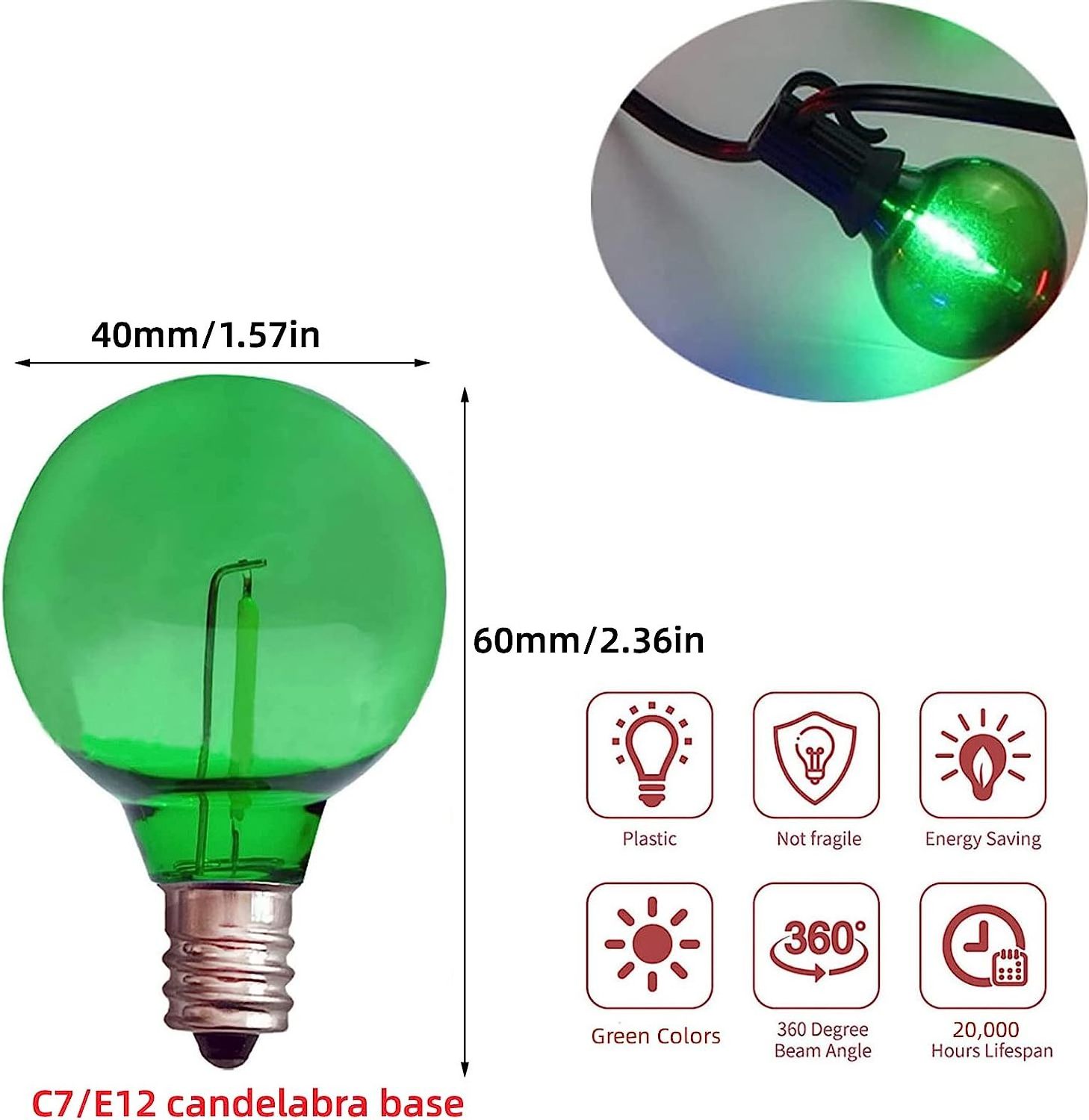 Green G40 christmas LED filament  lights plastic Replacement 0.6W E12 for Decorative lighting