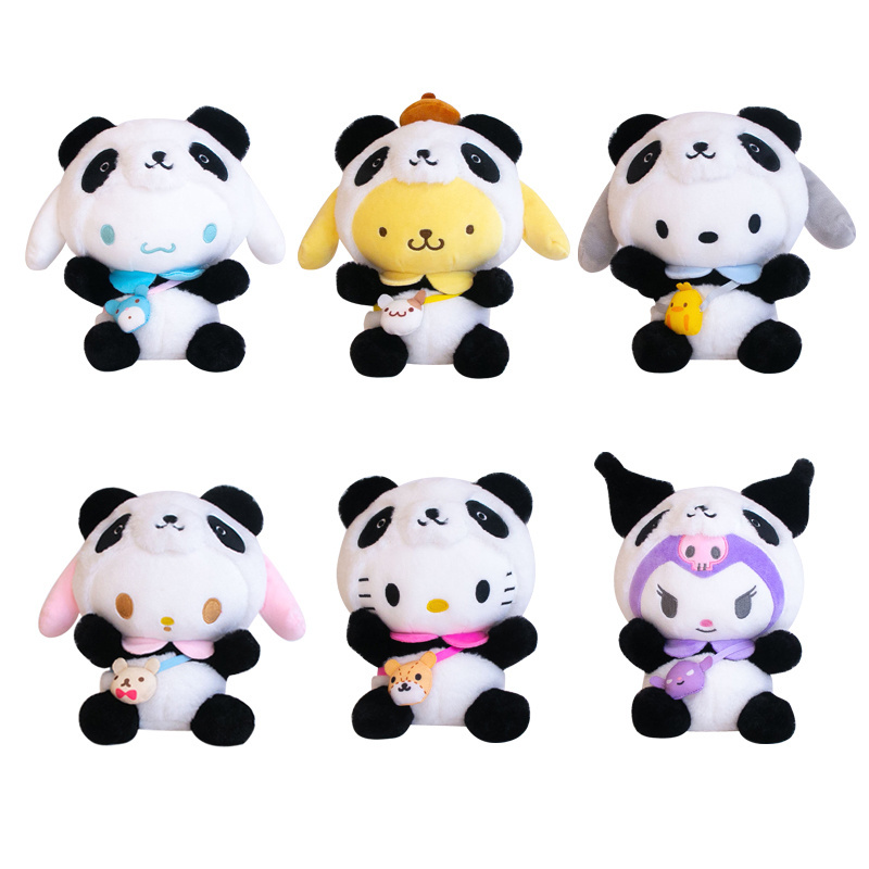 Sanrios My Melody Kuromi Hello KT Plush Transform Into Panda Pillow Plush 8 Inch Plushies Claw Machine Arcade Plush Toys Doll