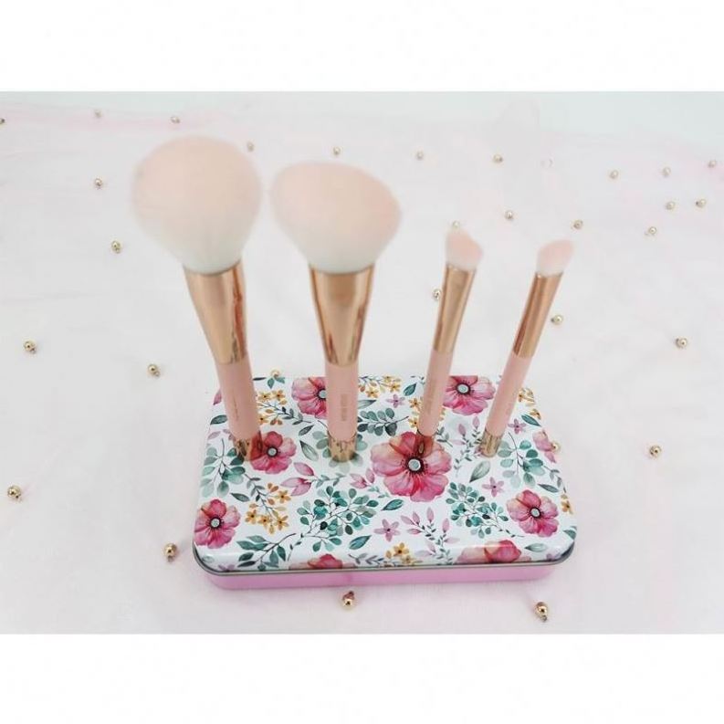 4pcs Tin Box Magnet Handle Metal Case Packing Women Girl Gift Travel Facial Beauty Tool Professional Cosmetic Makeup Brush Kit