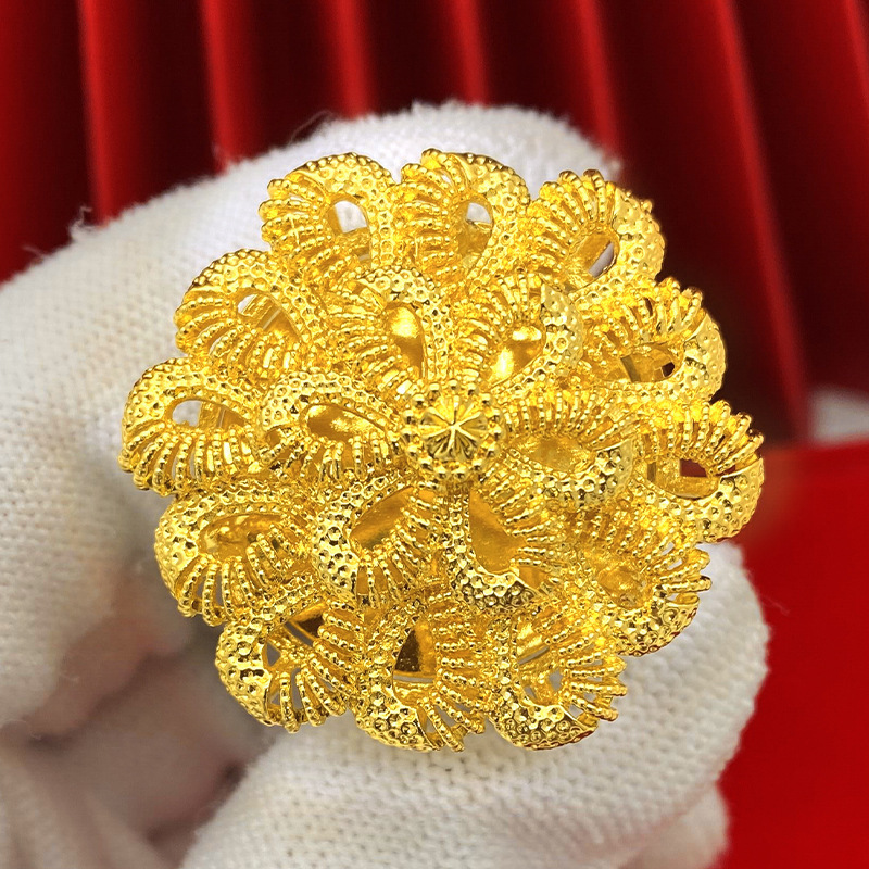 Ethiopian Gold Plated Ring For Women Dubai Gold Color Big Ring Resizable Arab Nigeria Rings Wedding Designer Flower Jewelry