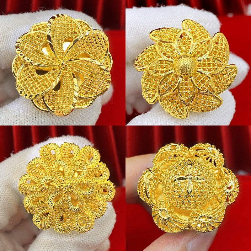 Ethiopian Gold Plated Ring For Women Dubai Gold Color Big Ring Resizable Arab Nigeria Rings Wedding Designer Flower Jewelry