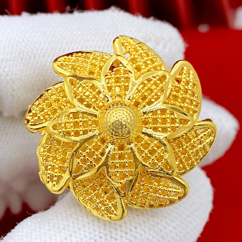 Ethiopian Gold Plated Ring For Women Dubai Gold Color Big Ring Resizable Arab Nigeria Rings Wedding Designer Flower Jewelry