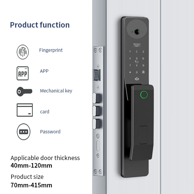 Advanced Security Smart Door Lock Black Memory Card Bluetooth Camera Biometric Glass Door Lock Aluminum Alloy English 70mm-415mm