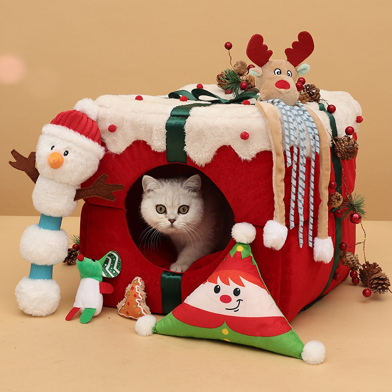 Gift Box Christmas cattery Large space One litter dual-purpose Christmas pet litter fully enclosed small kennel dog mat