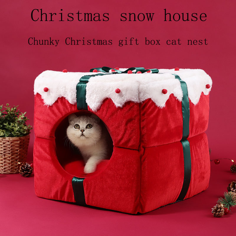 Gift Box Christmas cattery Large space One litter dual-purpose Christmas pet litter fully enclosed small kennel dog mat