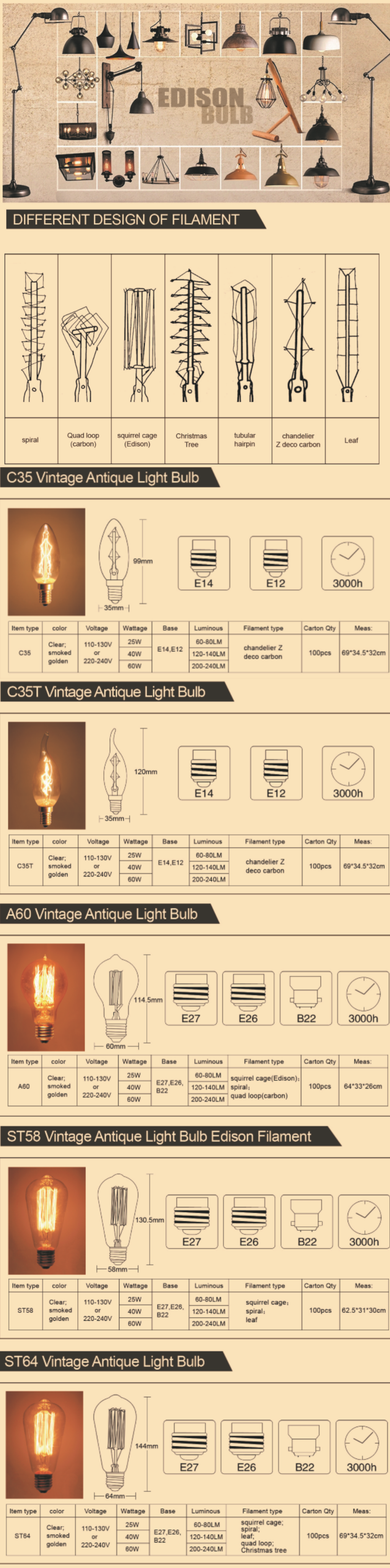 E26 E27 B22 25W 40W 60W ST64 G80 G95 T45 T30 A19 A60 Retro Filament Incandescent Vintage Edison Lamp Bulbs