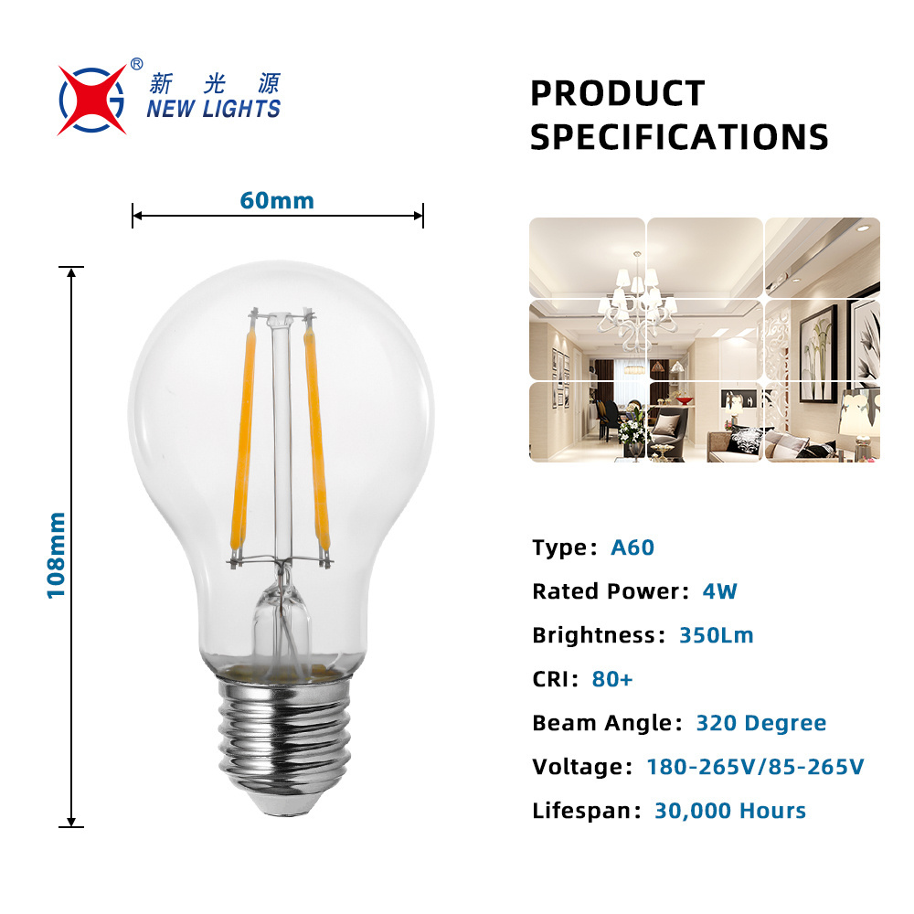 China Hot Selling 4W 6W 8W 10W 12W 15W Glass Amber Clear Grey Opal Frosted E26 E27 B22d CCT A19 A60 LED edison LED Filament Bulb