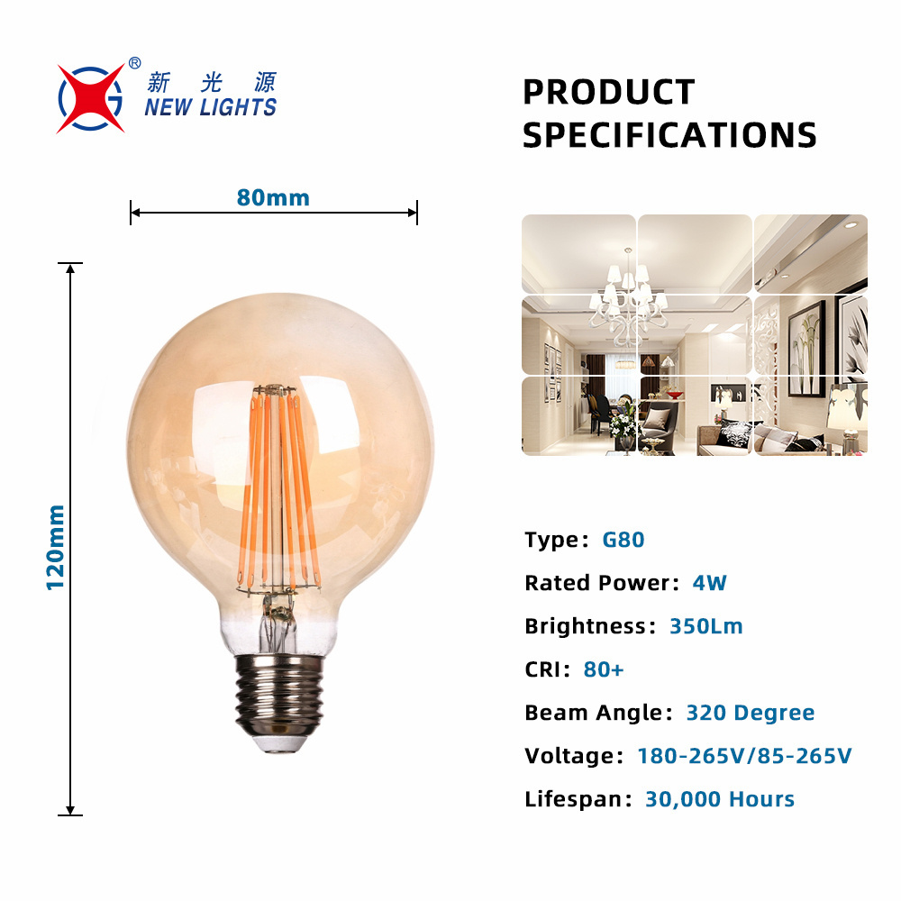 Chinese Factory Supplier 4W 6W 8W 10W 12W 15W Glass E26 E27 B22d Amber CCT Dimmable G80 LED edison Filament Bulb