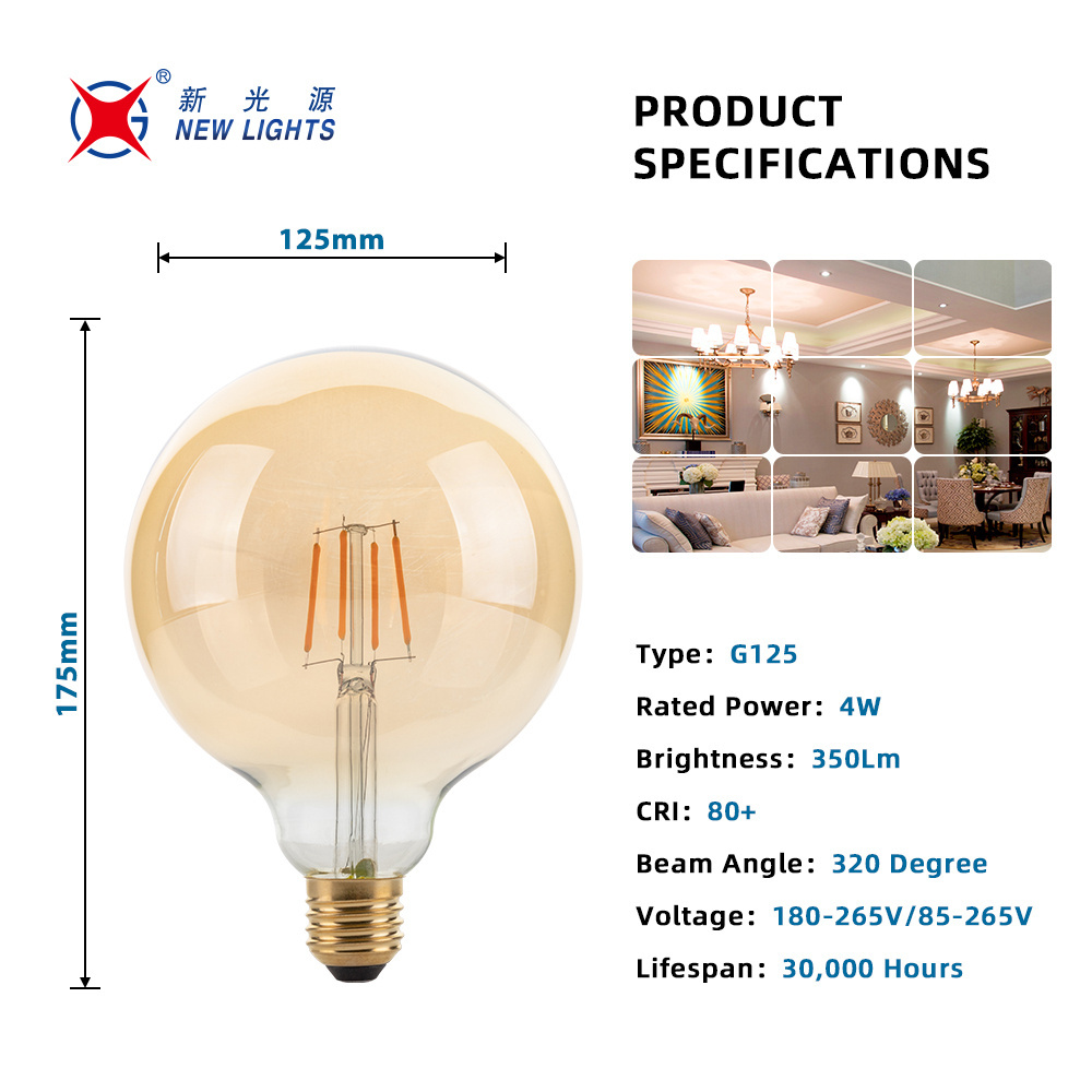 China Factory Supplier 4W 6W 8W 10W 12W 15W 3500K 6000K Glass E26 E27 B22d CCT Amber Dimmable G125 LED edison Bulb Filament Bulb