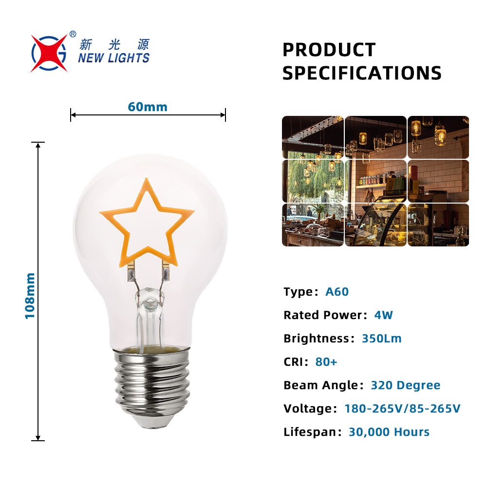 Customized Dog Heart Star 4W  1800-2200k Glass E26 E27 B22d Clear Dimmable A19 A60 Cartoon Bulb LED Filament Bulb