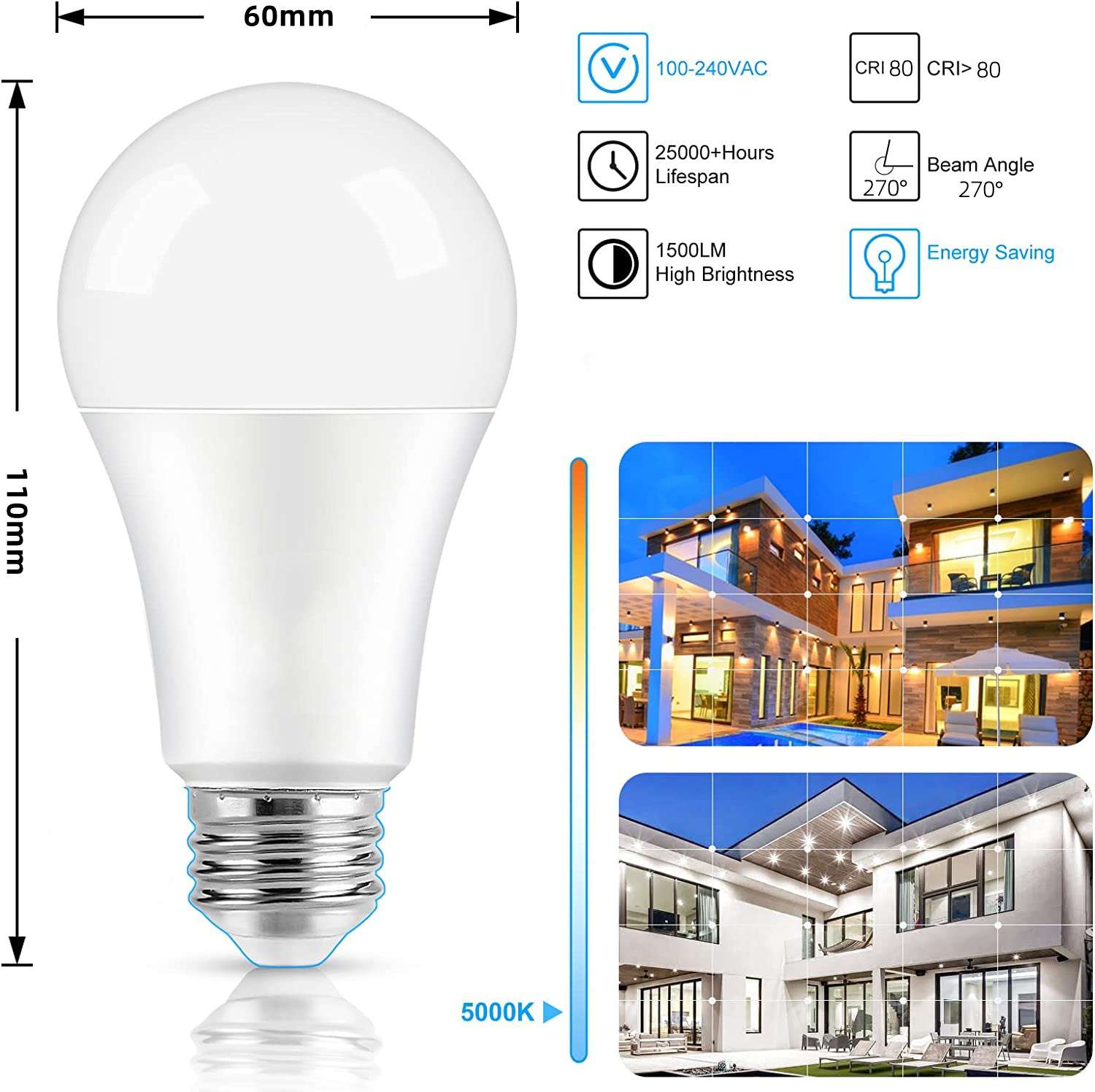 Factory Wholesale Ra80 3000K 4500K 6500K 580lm 640lm 5W 15W PC A60 A19 Light LED SMD Bulbs