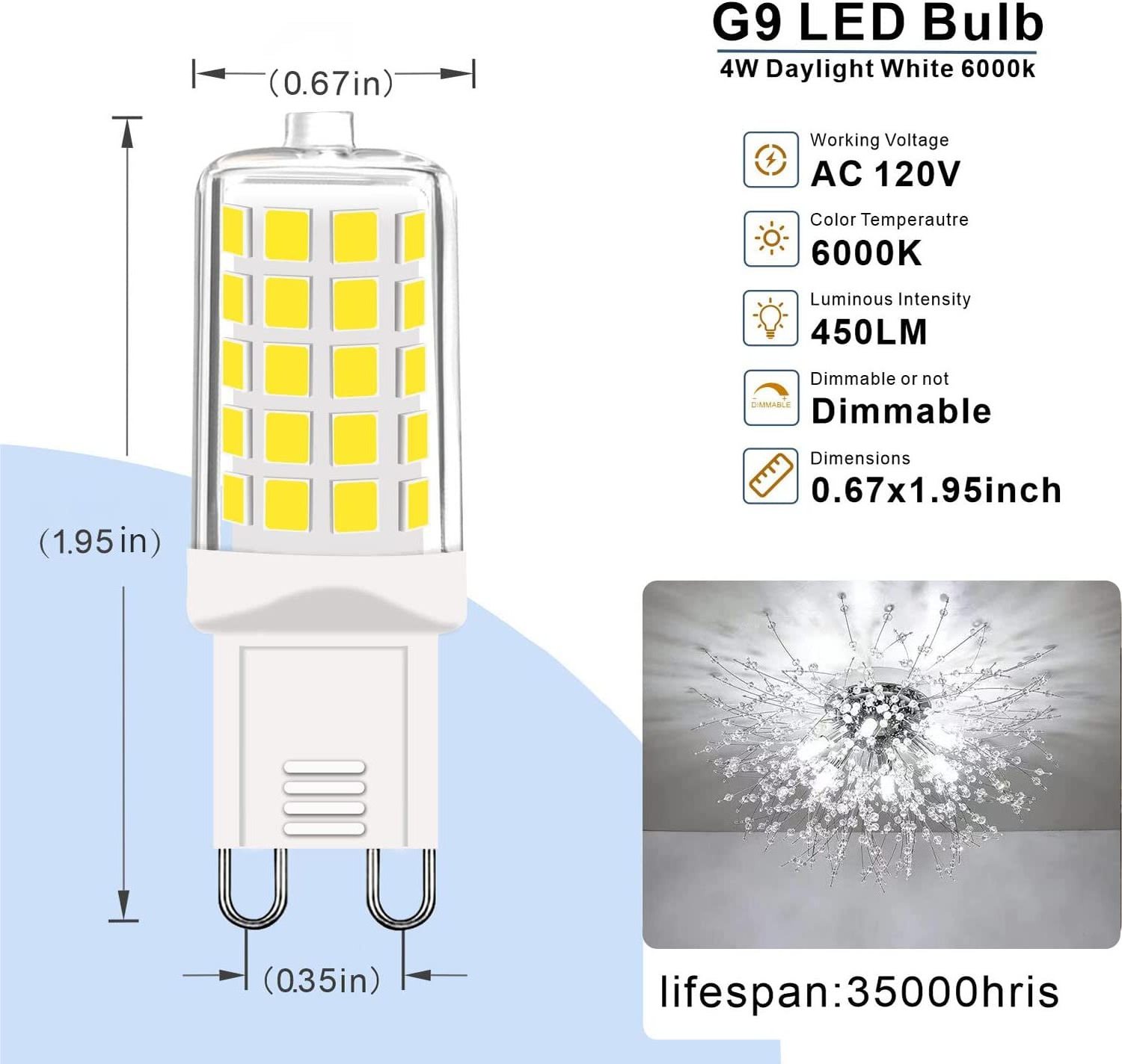 G9 LED Bulb Dimmable 6000K Daylight White 4W (40Watt Halogen Equivalent) G9 Light Bulbs for Chandelier, Standard Ceramic