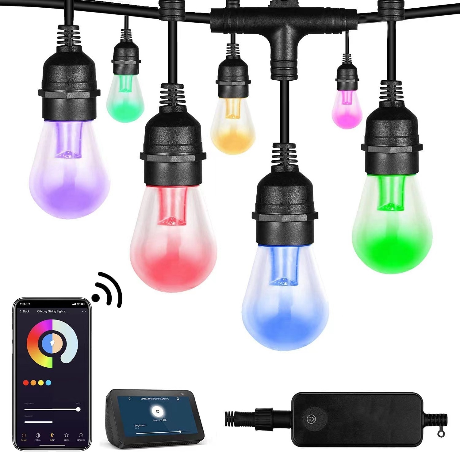 Smart LED Outdoor String Lights RGB Patio Lights WiFi & App Control RGBW Color Changing IP65 Waterproof Lamp