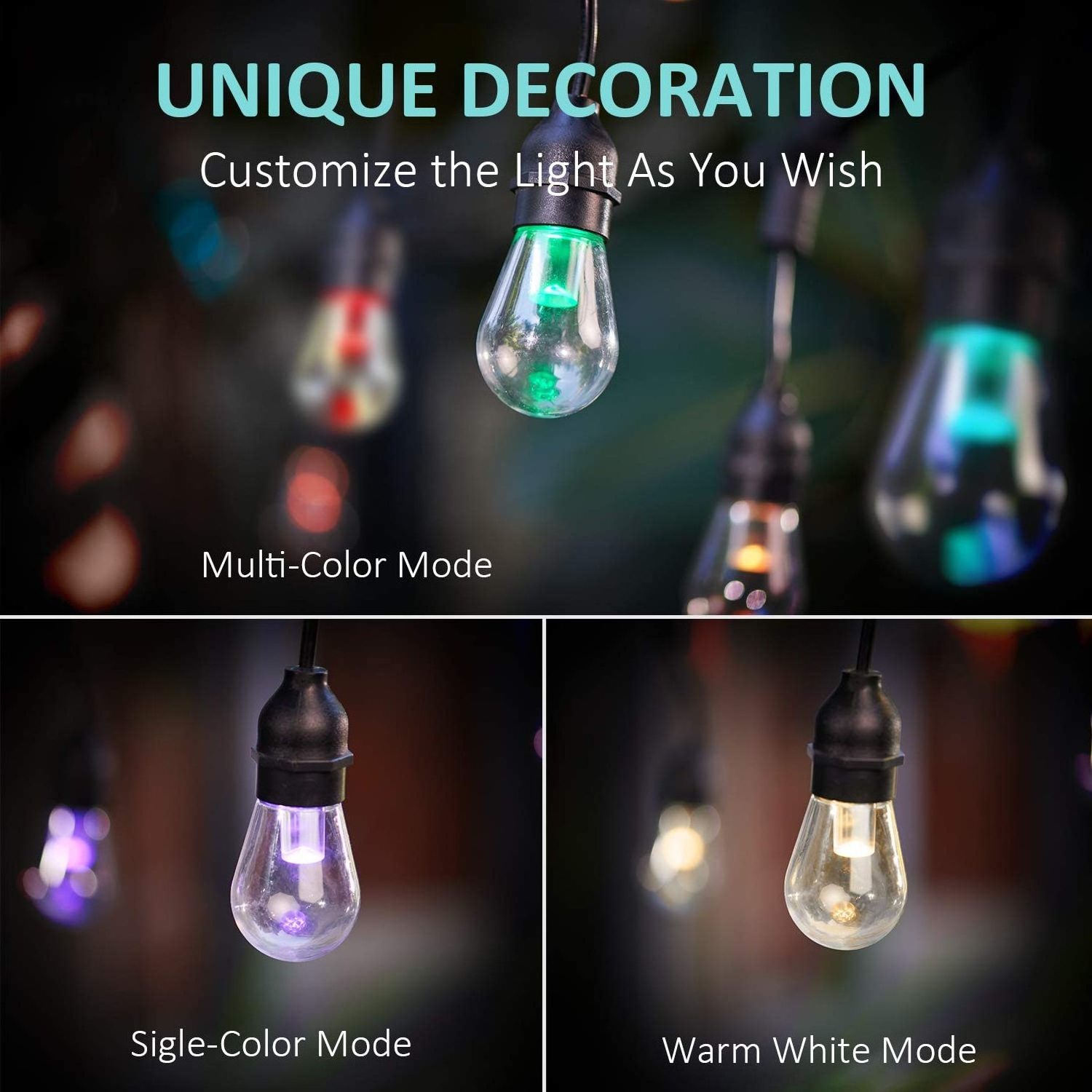 Smart LED Outdoor String Lights RGB Patio Lights WiFi & App Control RGBW Color Changing IP65 Waterproof Lamp