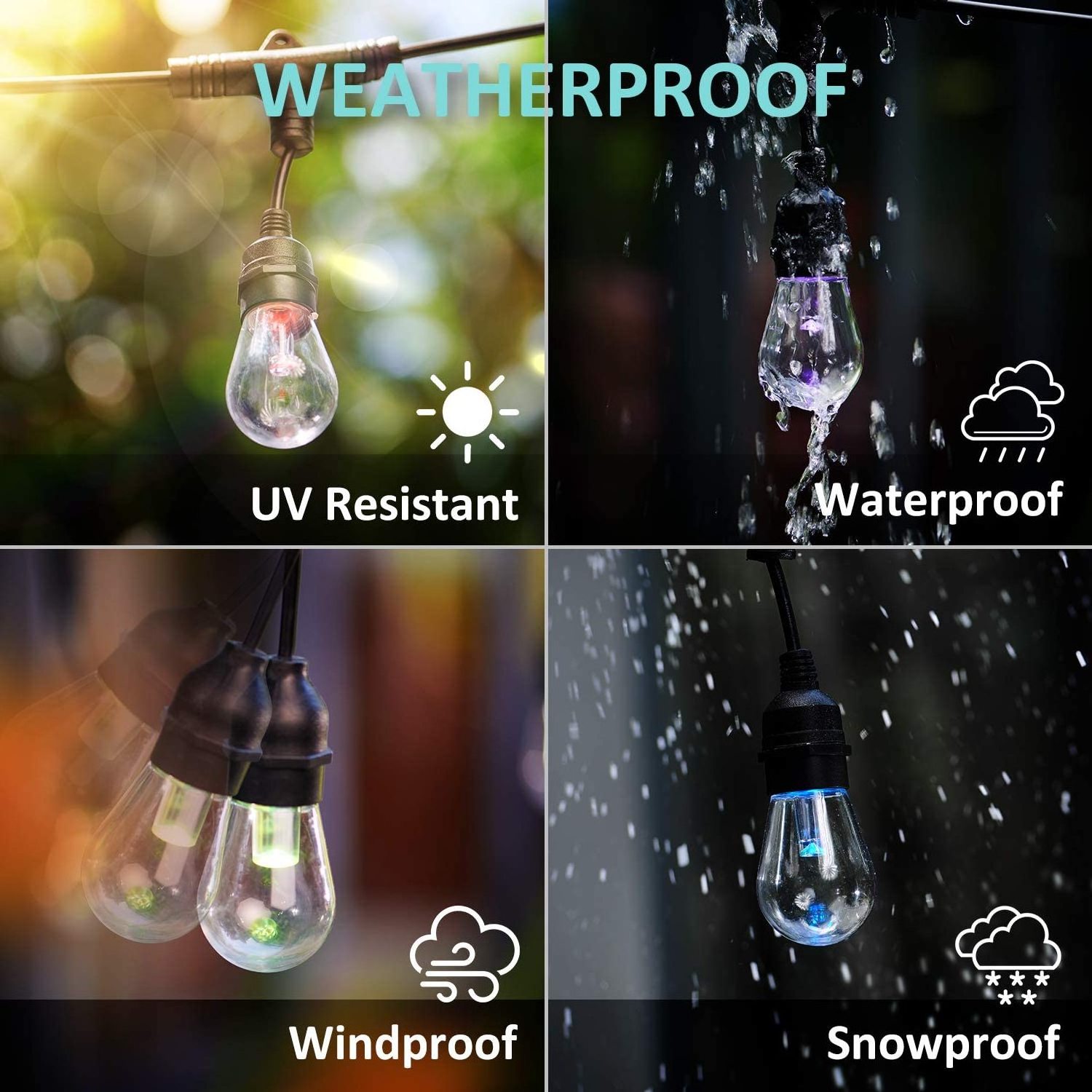 Smart LED Outdoor String Lights RGB Patio Lights WiFi & App Control RGBW Color Changing IP65 Waterproof Lamp