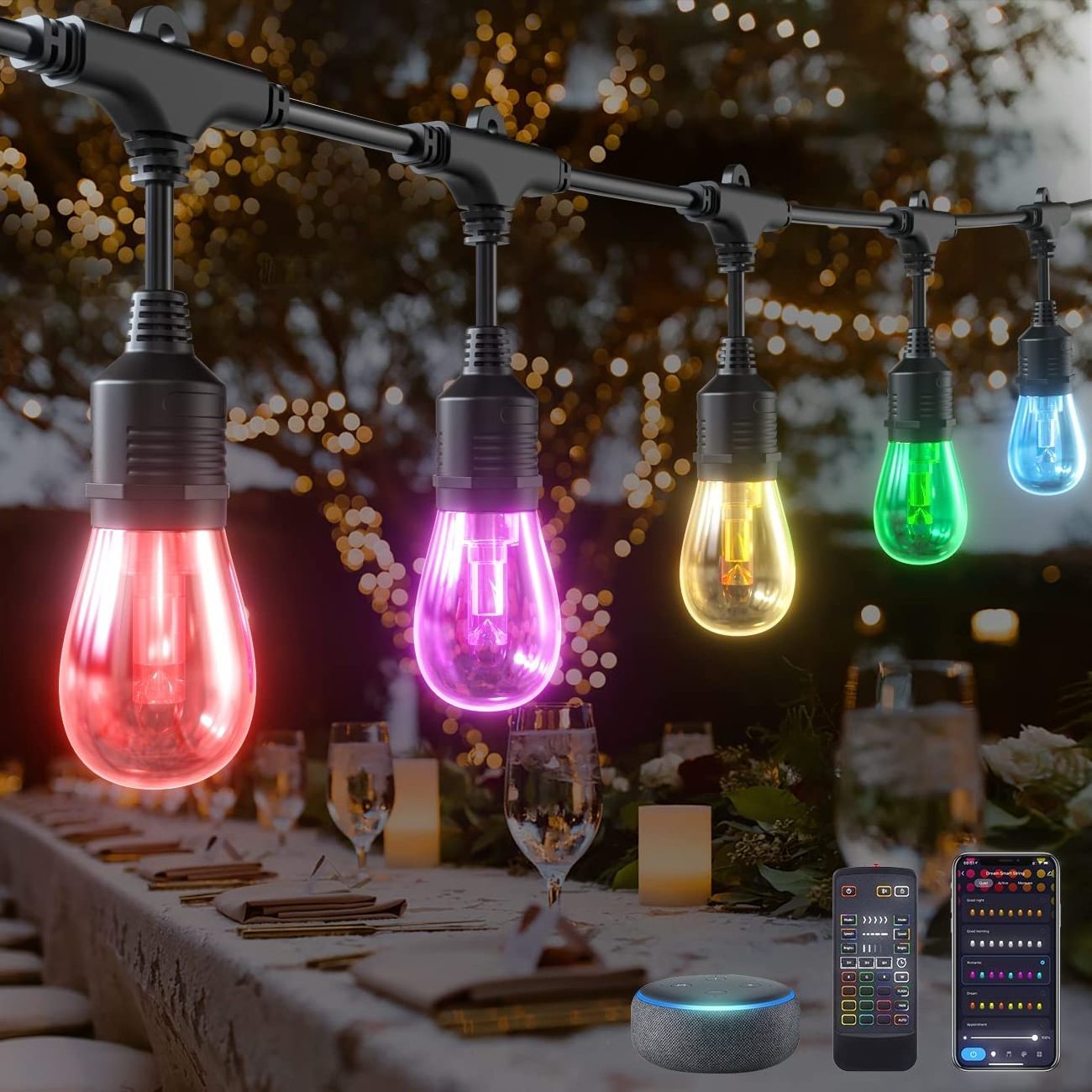 Smart Christmas String Lights, APP Control Patio Lights LED RGBCW Color Changing Lights Dimmable Waterproof Shatterproof