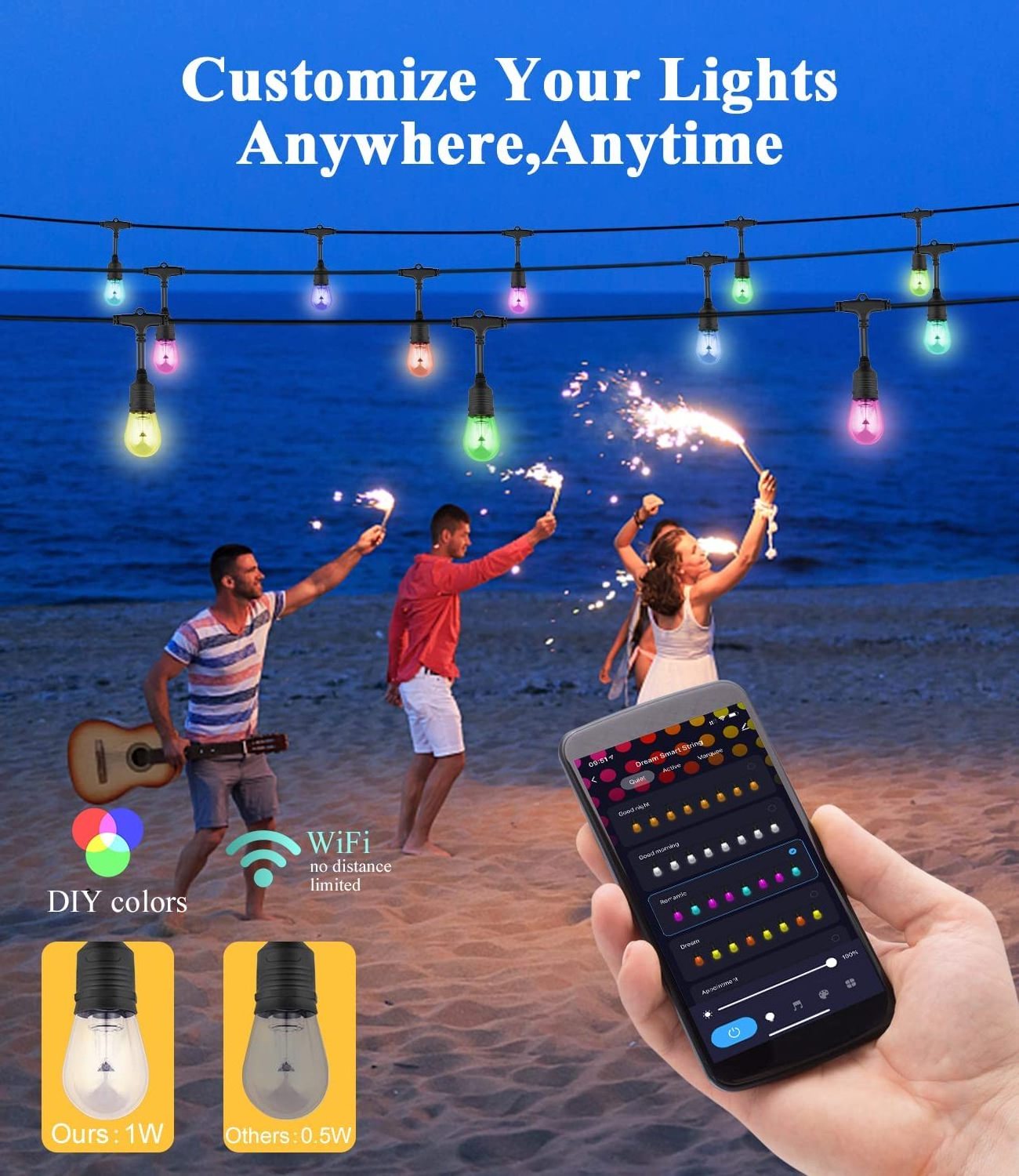 Smart Christmas String Lights, APP Control Patio Lights LED RGBCW Color Changing Lights Dimmable Waterproof Shatterproof