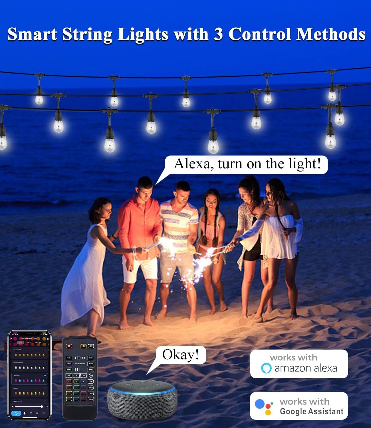 Smart Christmas String Lights, APP Control Patio Lights LED RGBCW Color Changing Lights Dimmable Waterproof Shatterproof