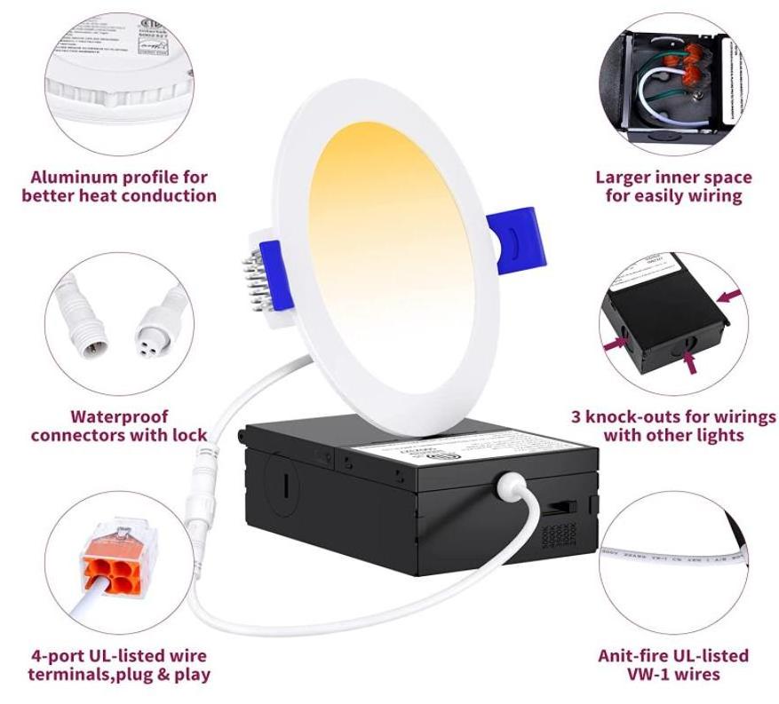 5 Years Warranty Ultra Thin Recessed 4 Inch 6 Inch 9W 12W 3000K 4000K 5000K 3CCT Dimmable Led Pot Light with Junction Box