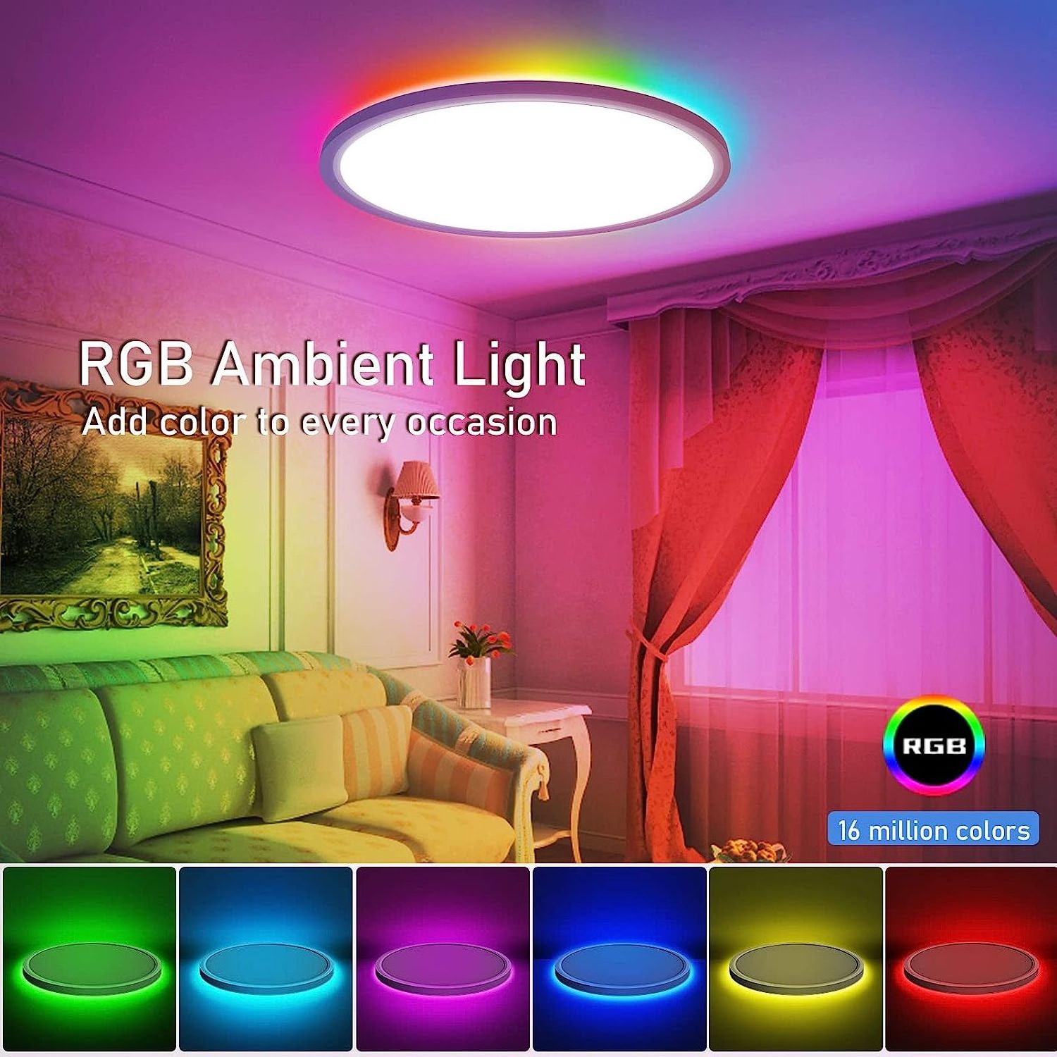 Alexa Google Home APP Control Ultra Thin Flush Mount 12 Inch 24W Dimmable Smart Color Changing RGB Led Ceiling Light