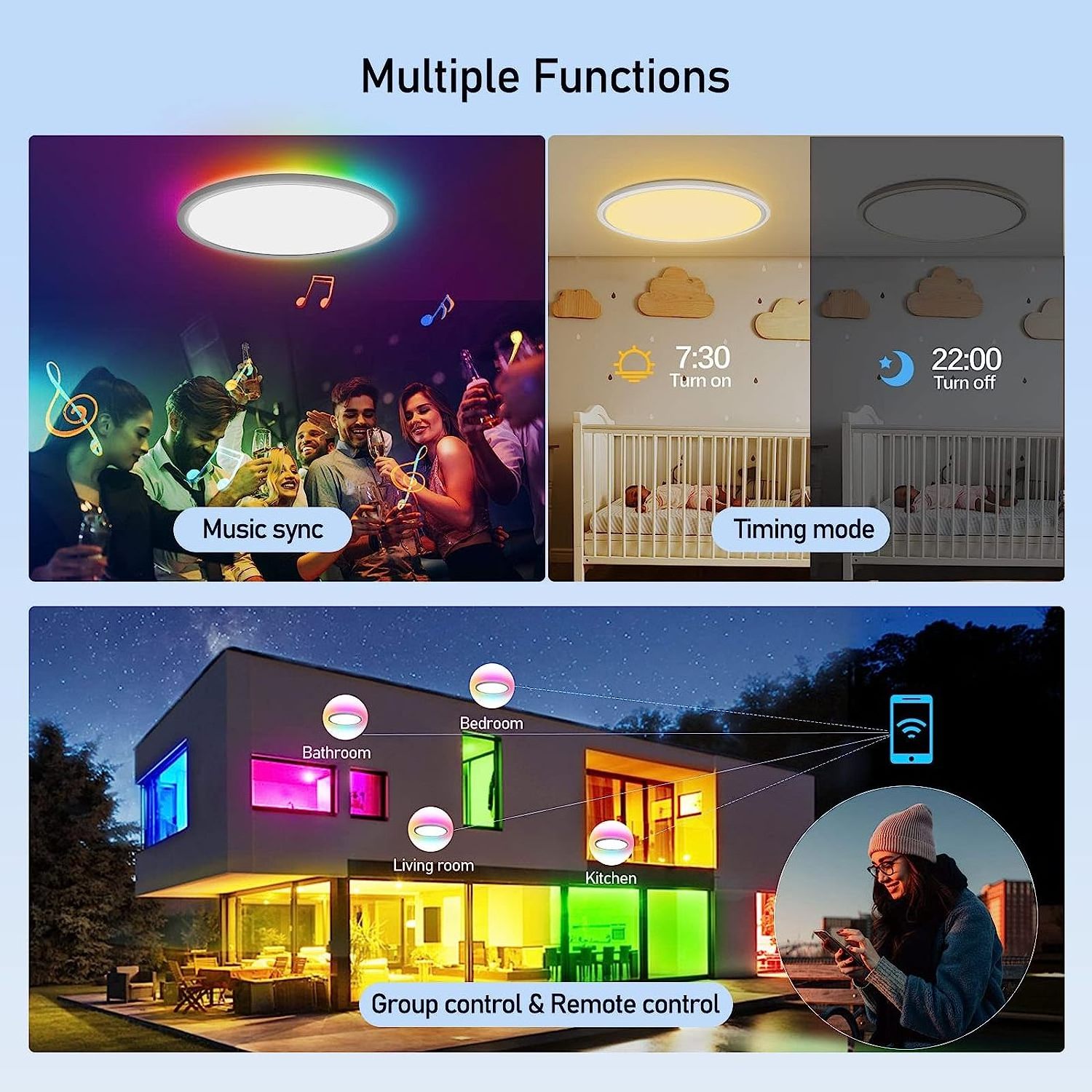 Alexa Google Home APP Control Ultra Thin Flush Mount 12 Inch 24W Dimmable Smart Color Changing RGB Led Ceiling Light