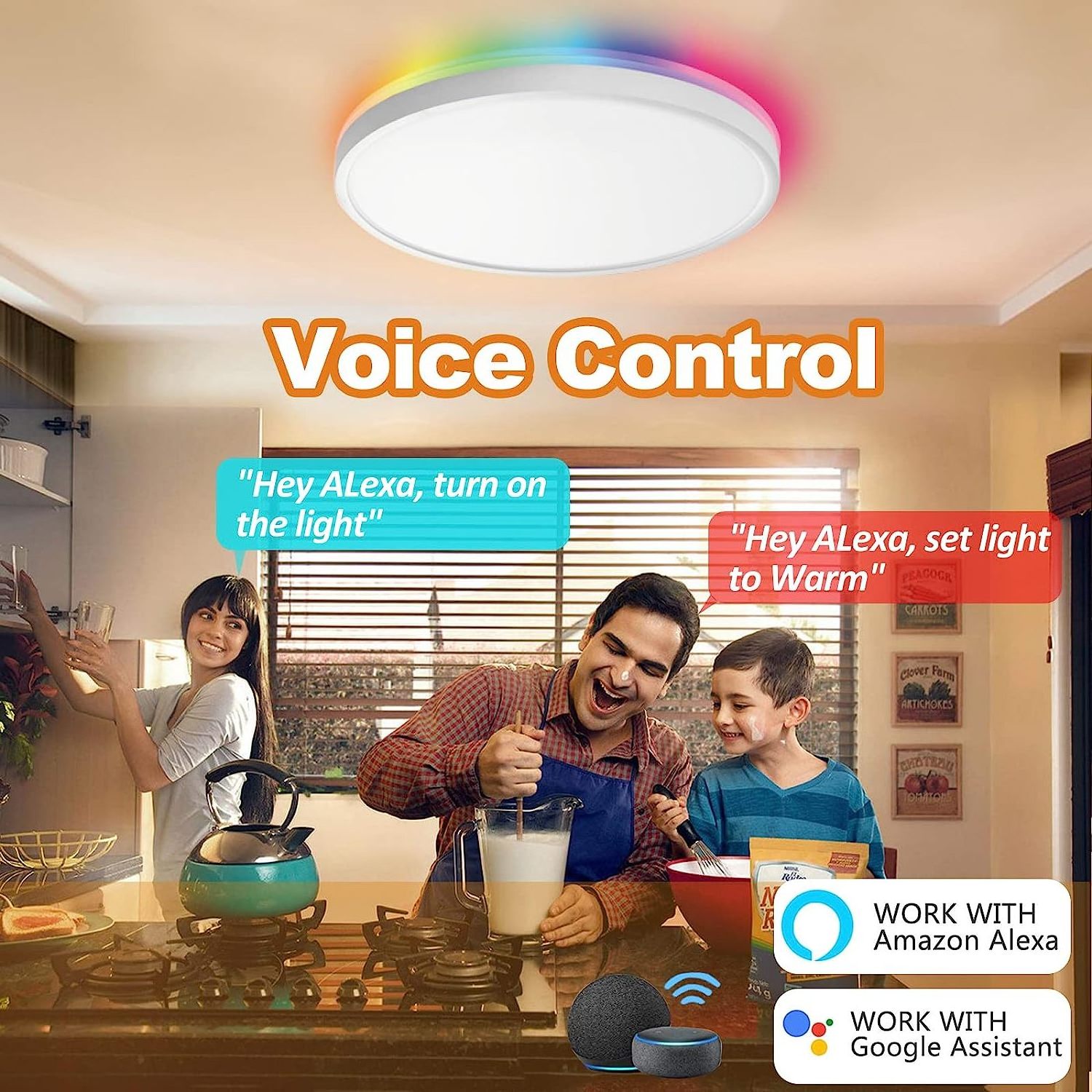 Alexa Google Home APP Control Ultra Thin Flush Mount 12 Inch 24W Dimmable Smart Color Changing RGB Led Ceiling Light