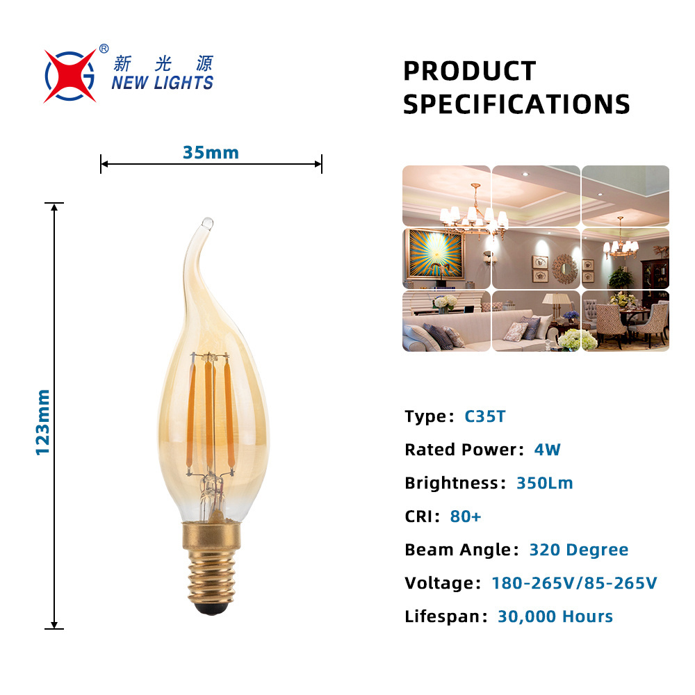 C35T E14 E27 CA10 E12 E26 Dimmable Amber Factory Wholesale Supply 2700k 4000k 6500k Glass CCT LED Filament Bulb